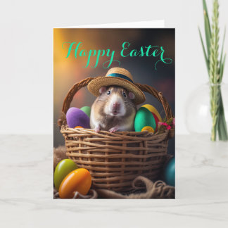 Tarjeta Festiva Rata Mascota adorable en una canasta de Pascua