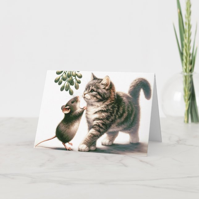 Tarjeta Festiva Ratón acuarela y gato bajo mistleto (Anverso)