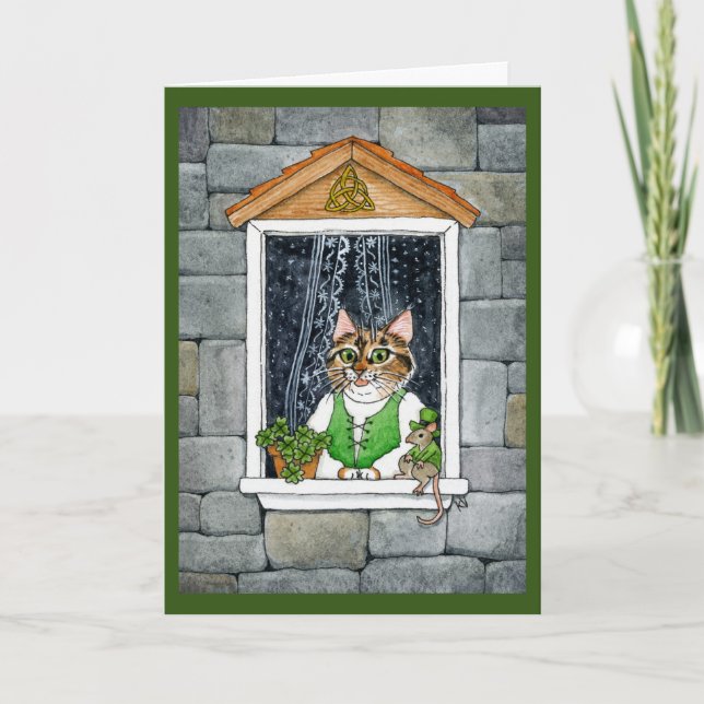 Tarjeta Festiva Ratón Cute Leprechaun, gato, día de San Paddy, pri (Anverso)