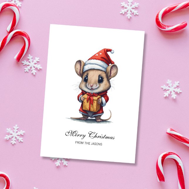 Tarjeta Festiva Ratón de Navidades de corte personalizado personal (Cute Christmas Mouse Personalized Holiday Card)