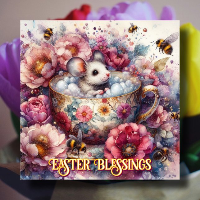 Tarjeta Festiva Ratón de té con flores moradas rosadas (Subido por el creador)