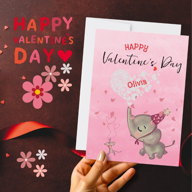 Tarjeta Festiva Ratón elefante lindo Valentine rosa (Cute Elephant Mouse Valentine Pink Holiday Card )