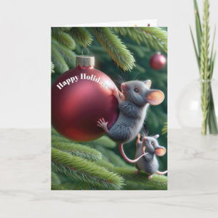 Tarjeta Festiva Ratón en un adorno navideño rojo