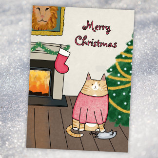 Tarjeta Festiva Ratón gato Naranja gracioso personalizado bajo árb