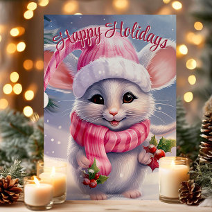 Tarjeta Festiva Ratón Lindo con Gorro de Santa Felices Fiestas