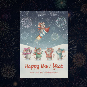 Tarjeta Festiva Ratones Lindos Feliz Año Nuevo Fuegos Artificiales