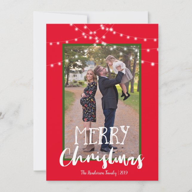 Tarjeta Festiva Rayas de cadena de fotos rojas y verdes Feliz Navi (Anverso)