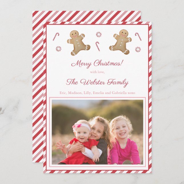 Tarjeta Festiva Rayas de menta Gingerbread Imagen Rosa Roja (Anverso / Reverso)