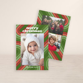 Tarjeta Festiva Rayas retro de fotos - Funky verde rojo