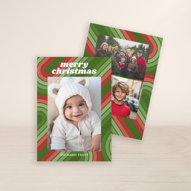 Tarjeta Festiva Rayas retro de fotos - Funky verde rojo (3 Photo Christmas Card with Retro 70s Stripes - Print and Download Option)