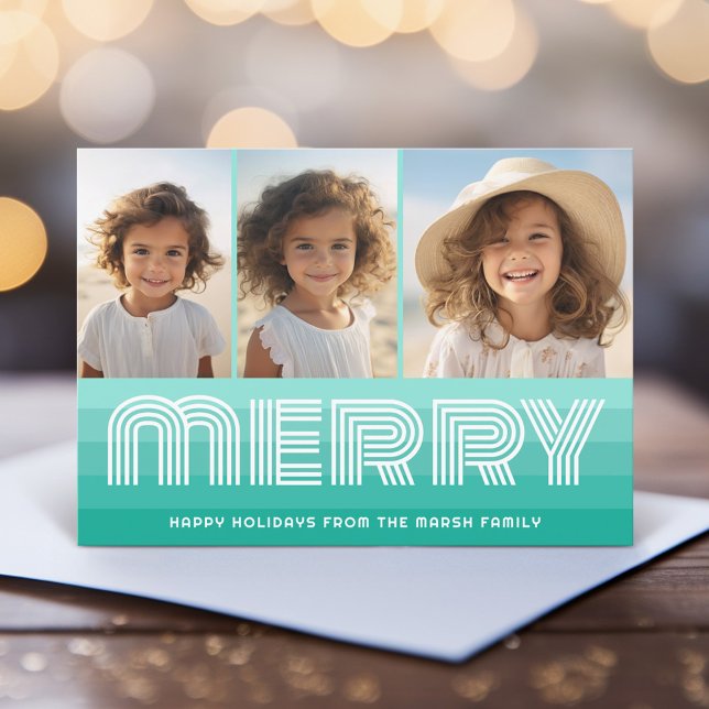 Tarjeta Festiva Rayas retro en azul acuamarino - foto de 3 merry (Retro Stripe Christmas Card with 3 Photos - Vibrant Aqua Teal - Print and Download Option)