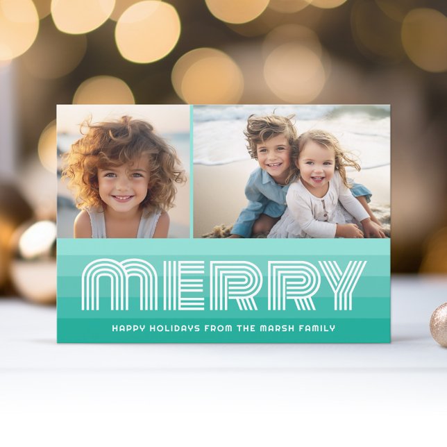 Tarjeta Festiva Rayas retro en azul acuamarino - Fotos merry 2 (Retro Stripe Christmas Card with 2 Photos - Vibrant Aqua Teal - Print and Download Option)