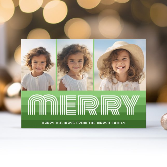 Tarjeta Festiva Rayas retro en los verdes olivos - Fotos de Merry  (Retro Stripe Christmas Card with 3 Photos - Vibrant Olive Green - Print and Download Option)