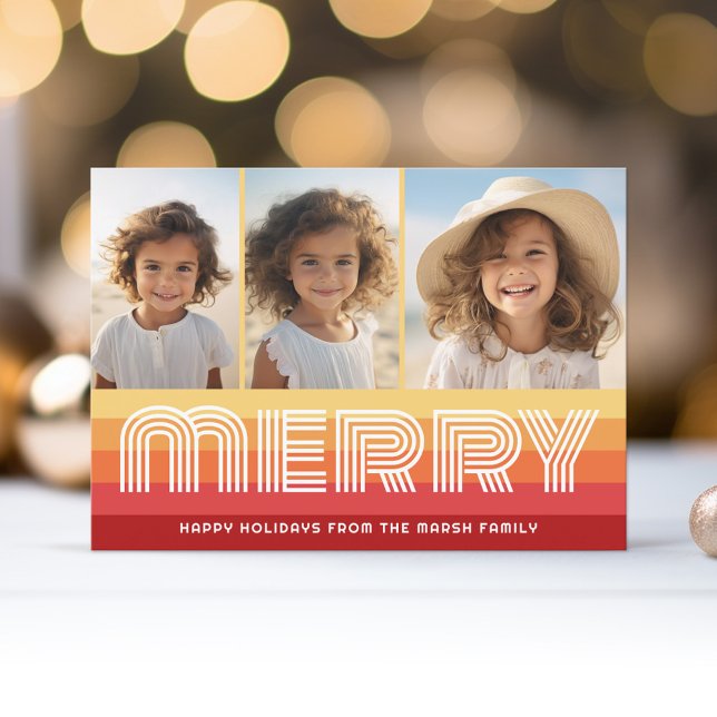 Tarjeta Festiva Rayas retro en roya de atardecer - foto de merry 3 (Retro Stripe Christmas Card with 3 Photos - Vibrant Sunset Colors - Print and Download Option)