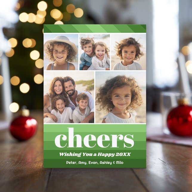 Tarjeta Festiva Rayas retro en verde oliva - 5 foto - Merry (Retro Stripe Green and Olive with 5 Photos)