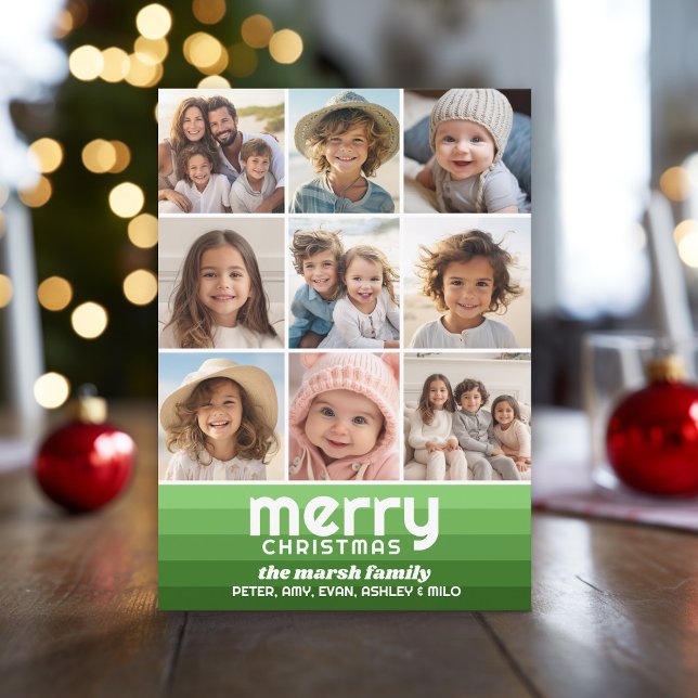 Tarjeta Festiva Rayas retro en verde oliva - 9 foto - Merry (Retro Stripe Green and Olive with 9 Photos)