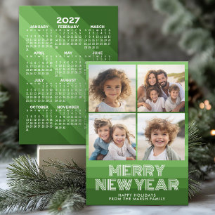 Tarjeta Festiva Rayas Retro Verde - Calendario 2027 de 4 Fotos