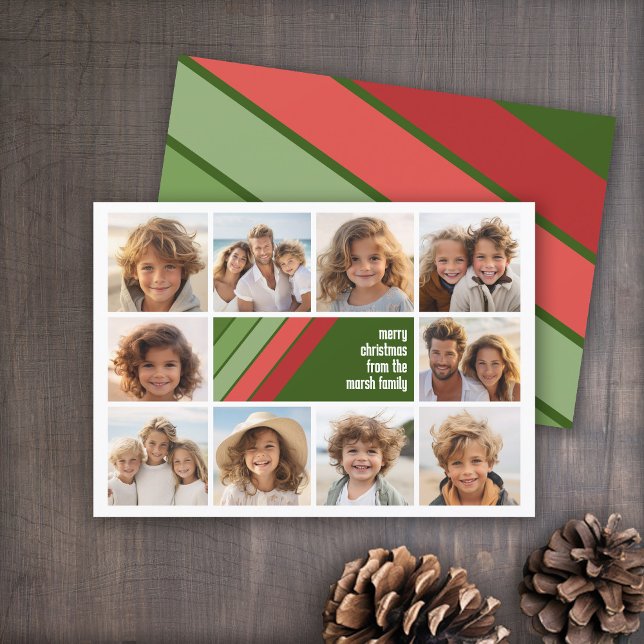 Tarjeta Festiva Rayas Retro Verde Rojo - 10 Collages de fotos (Red and Green Retro Stripe Holiday Card - 10 Photo Template - Print and Download Options)