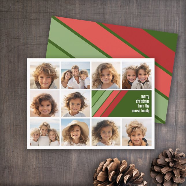 Tarjeta Festiva Rayas Retro Verde Rojo - 10 Collages de fotos (Red and Green Retro Stripe Holiday Card - 10 Photo Template - Print and Download Options)