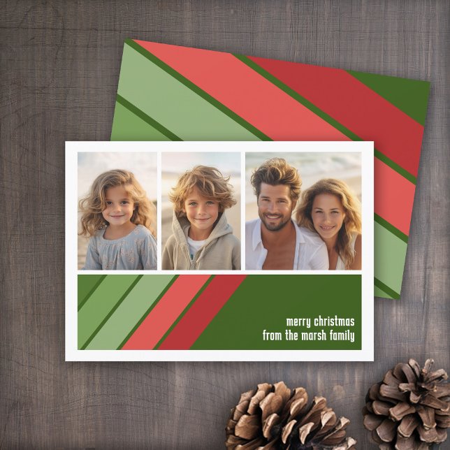 Tarjeta Festiva Rayas Retro Verde Rojo - 3 Collages de fotos (Red and Green Retro Stripe Holiday Card - 3 Photo Template - Print and Download Options)