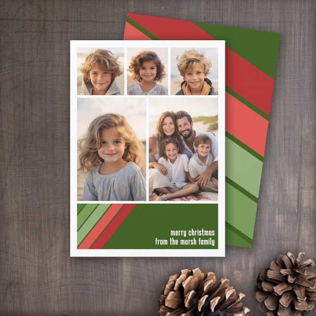 Tarjeta Festiva Rayas Retro Verde Rojo - 5 Collages de fotos (Red and Green Retro Stripe Holiday Card with an 5 Photo Collage template)