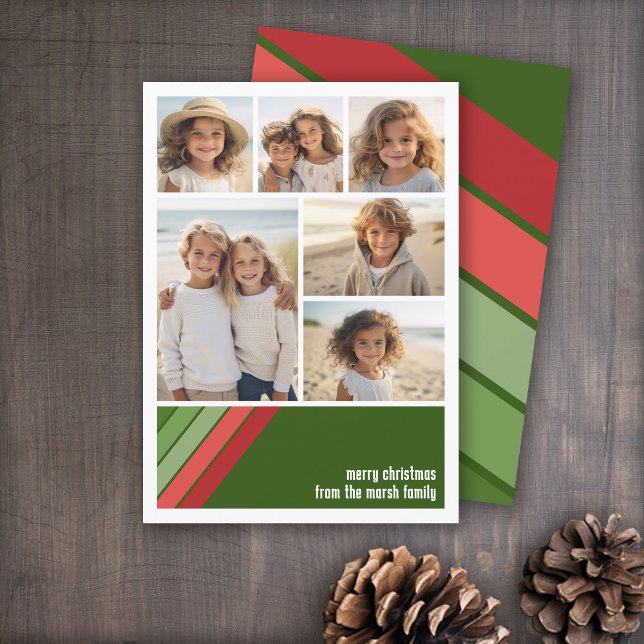 Tarjeta Festiva Rayas Retro Verde Rojo - 6 Collages de fotos (Red and Green Retro Stripe Holiday Card with an 6 Photo Collage template)