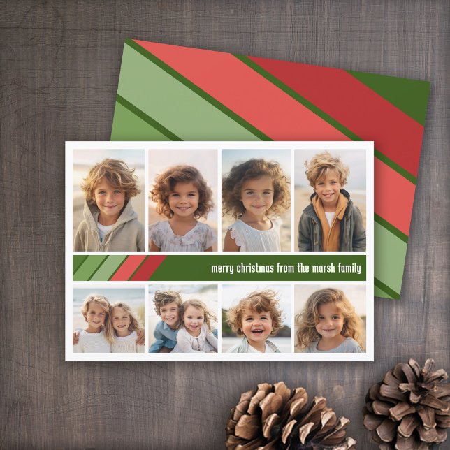 Tarjeta Festiva Rayas Retro Verde Rojo - 8 Collages de fotos (Red and Green Retro Stripe Holiday Card - 8 Photo Template - Print and Download Options)