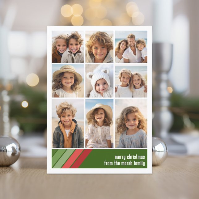 Tarjeta Festiva Rayas Retro Verde Rojo - 9 Collages de fotos (Red and Green Retro Stripe Holiday Card with an 10 Photo Collage template)