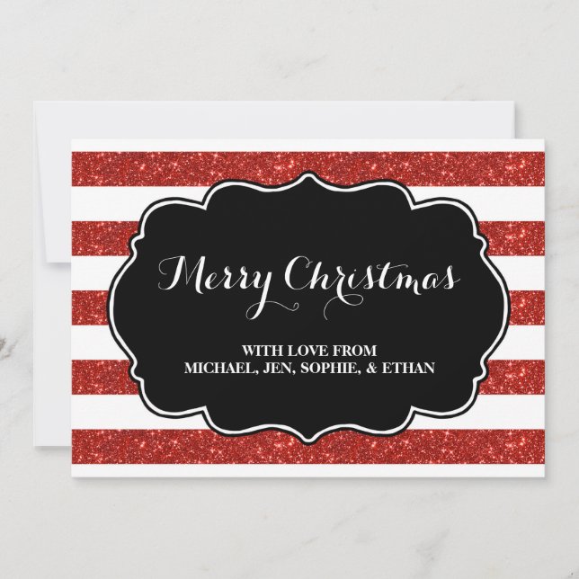 Tarjeta Festiva Rayas rojas Black and White Merry Christmas (Anverso)