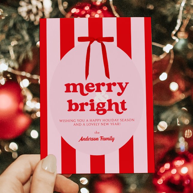 Tarjeta Festiva Rayas rosadas rojas merry y luminosas (Subido por el creador)