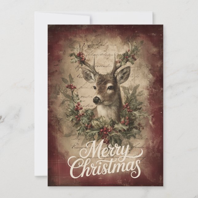 Tarjeta Festiva Realistic Deer with Wreath & Rustic Red (Anverso)