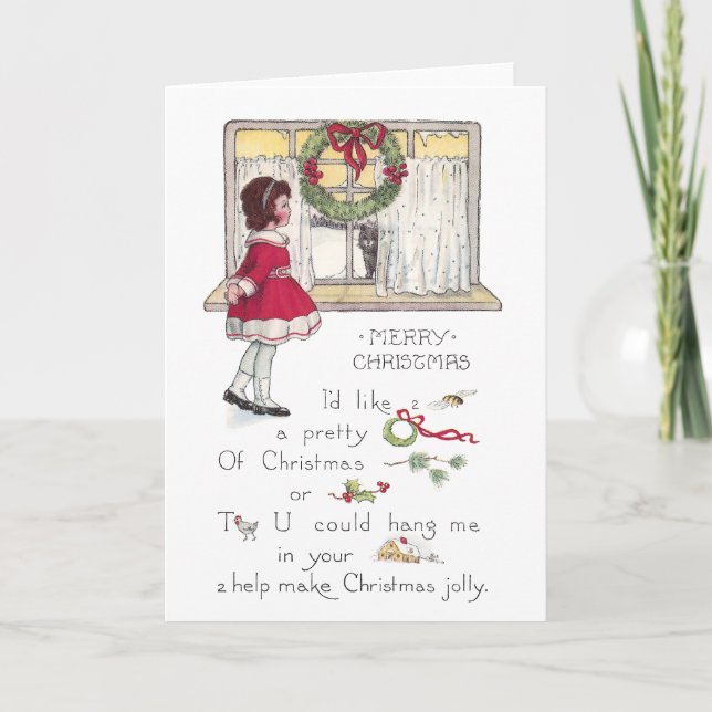 Tarjeta Festiva Rebus de navidades con Chica y gato en la ventana (Anverso)