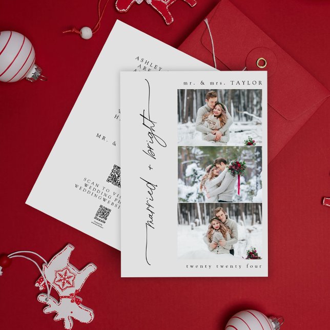 Tarjeta Festiva Recién casado y brillante primer código QR de Navi (Easily personalize this QR code holiday wedding announcement with your photos, website, and message)