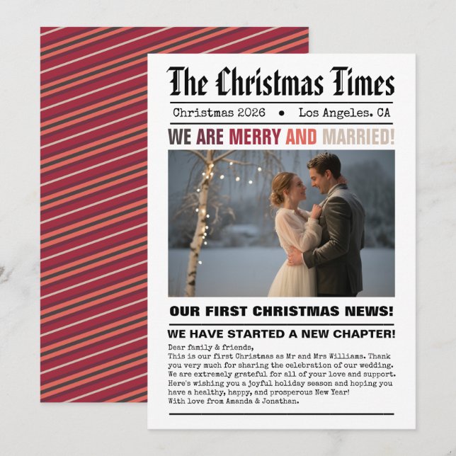 Tarjeta Festiva Recién casados, nuestra primera Navidad, foto esti (Anverso / Reverso)