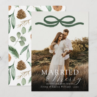 Tarjeta Festiva Recién casados y felices Elegante lazo verde Foto