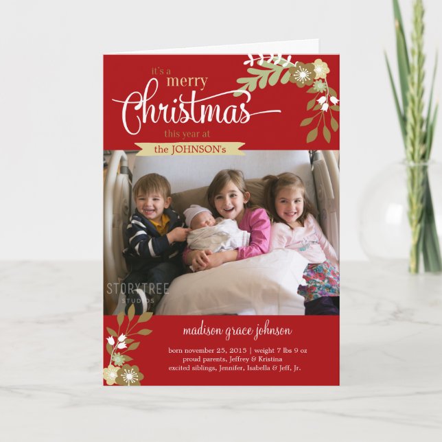 Tarjeta Festiva Recién nacido Feliz Navidad, nombre personalizado/ (Anverso)