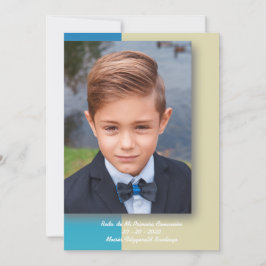 Tarjeta Festiva Recuerdo de Mi Primera Comunión en Azul y Beige