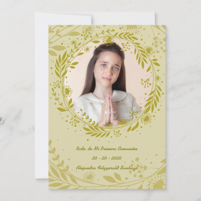Tarjeta Festiva Recuerdo de Mi Primera Comunión Hojas Doradas (Anverso)