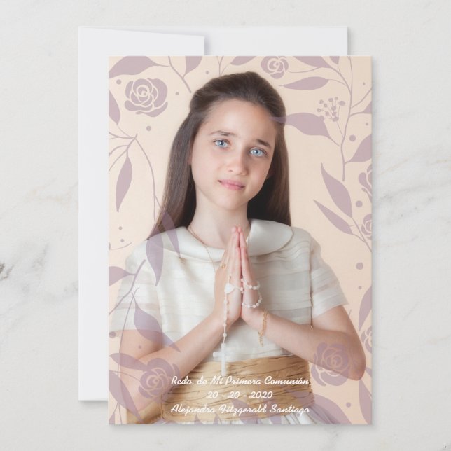 Tarjeta Festiva Recuerdo de Mi Primera Comunión Hojas Malvas (Anverso)