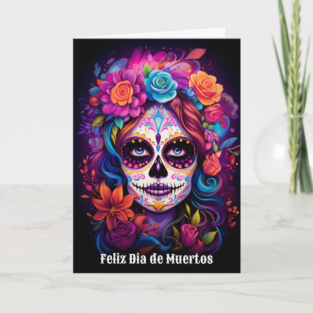 Tarjeta Festiva 🌹 recuerdo vibrante: Lady Catrina en 🌹 florecien (Anverso)