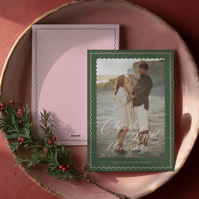 Tarjeta Festiva Recuerdos alegres y cariñosos Wavy Modern Minimal  (Cherish Joyful Memories Wavy Modern Minimal Photo Holiday Card)