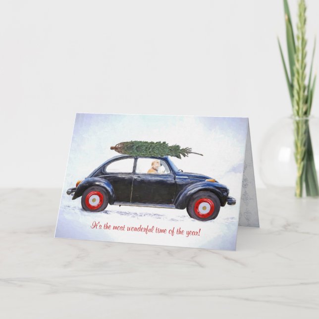 Tarjeta Festiva recuperador en coche negro retro con árbol de Navi (Anverso)