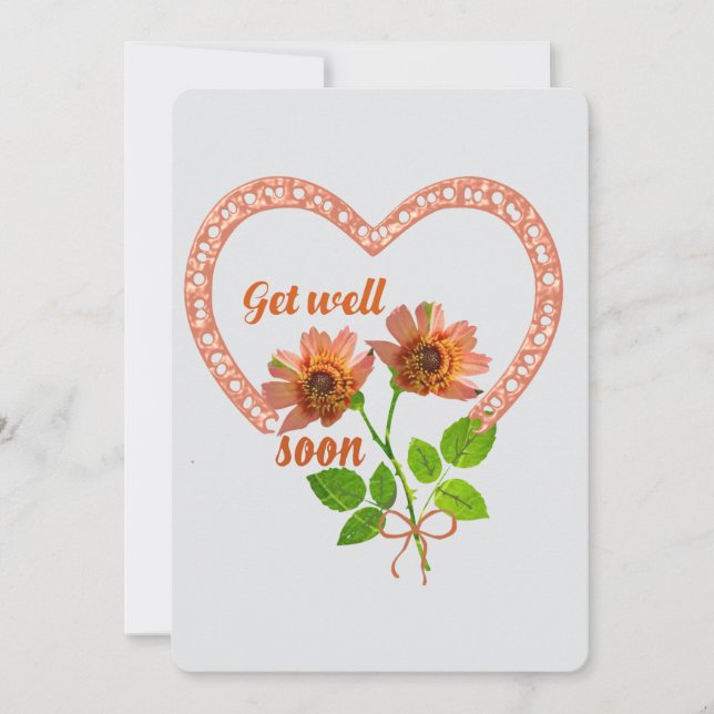 Tarjeta Festiva Recupérate pronto Flores naranjas y corazón (Anverso)
