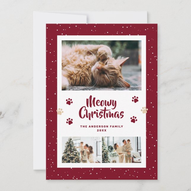 Tarjeta Festiva Red 3 Photo Snow Paws Meowy Christmas Card (Anverso)