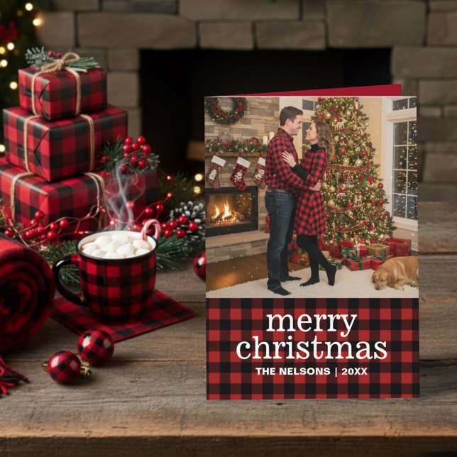 Tarjeta Festiva Red and Black Buffalo Plaid Merry Christmas Photo  (Subido por el creador)