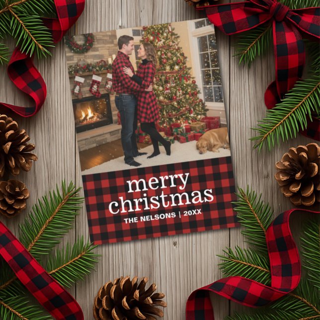 Tarjeta Festiva Red and Black Buffalo Plaid Merry Christmas Photo  (Subido por el creador)