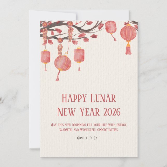 Tarjeta Festiva Red and Cream Simple Watercolor Happy Lunar (Anverso)