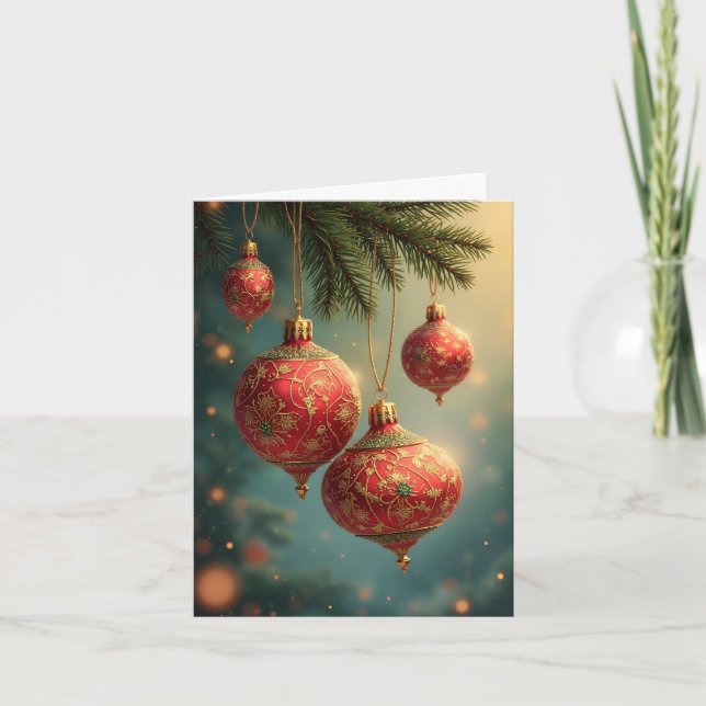 Tarjeta Festiva Red and Gold Christmas Ornaments (Anverso)