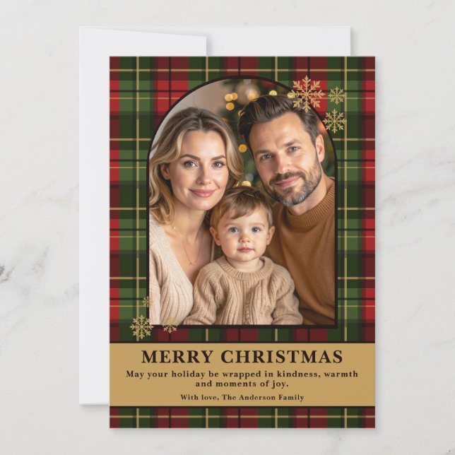 Tarjeta Festiva Red And Green Plaid Festive Christmas Family Photo (Anverso)