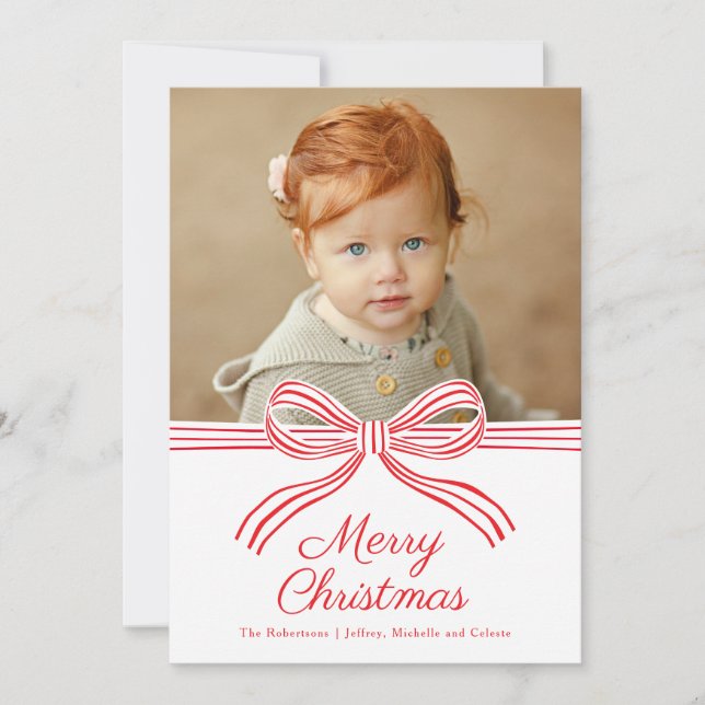 Tarjeta Festiva Red and White Bow Flat Christmas Photo Card (Anverso)